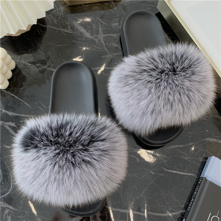 Women'S Shoes Navy Blue - 진짜 모피 슬라이드 여름 여우 모피