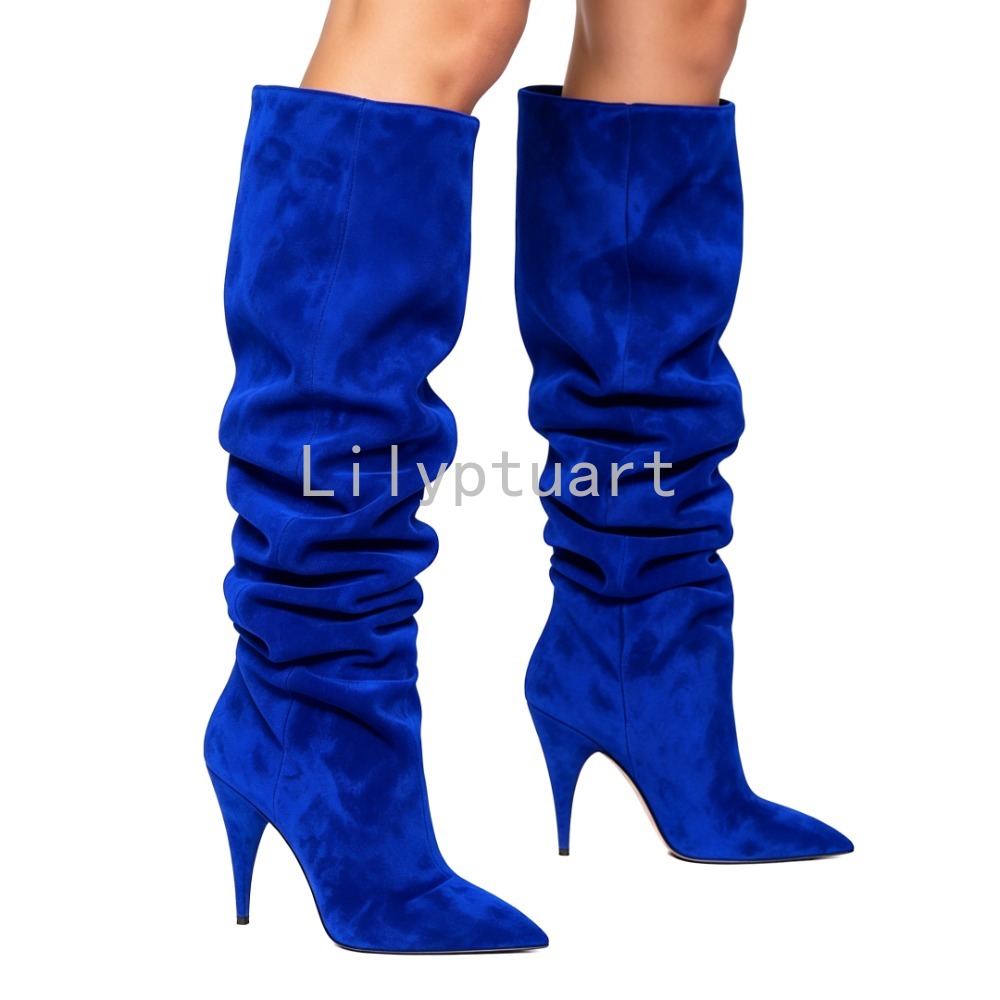 Women'S Shoes Navy Blue - 여성용 블루 스웨이드 슬라우치 니하이 부츠