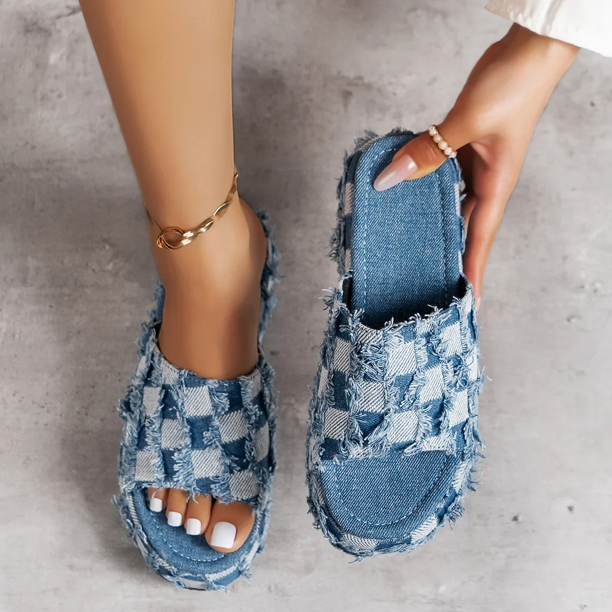 Women Shoes Jeans - 여성용 데님 슬라이드 여름 샌들, 슬립