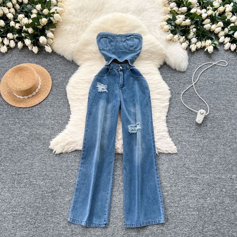Women Shoes Jeans - 데님 점프수트 여성 원피스 스트랩리스 민소매