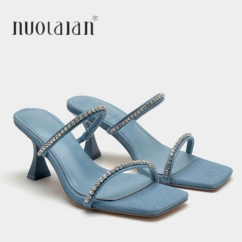 Women Shoes Jeans - 데님 라인 석 발 뒤꿈치 샌들