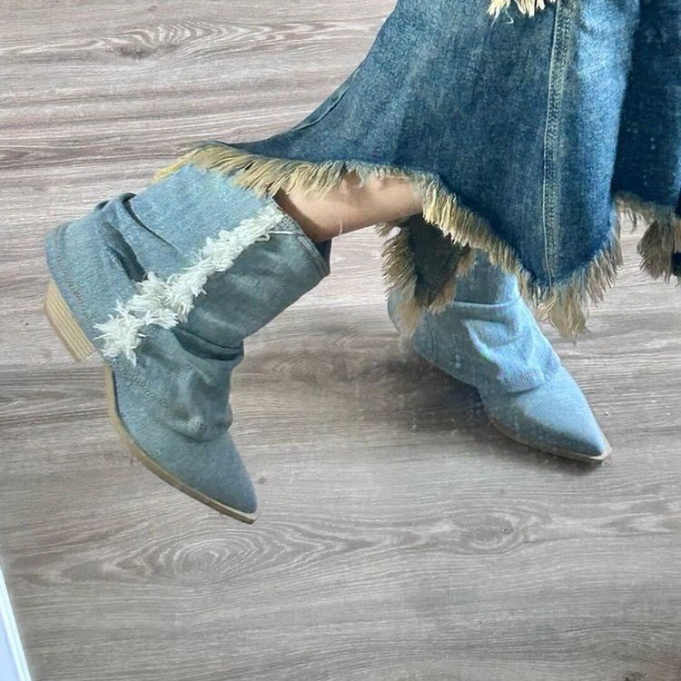 Women Shoes Jeans - 여성용 플리츠 데님 앵클 부츠, 포인티드