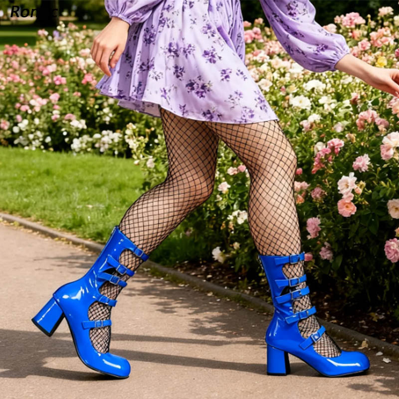 Women'S Shoes Navy Blue - 블루 에나멜 가죽 고딕 부츠 -