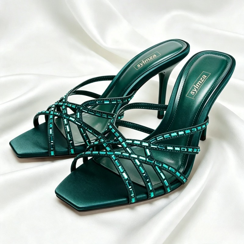 Women'S Shoes Navy Blue - 독특한 공작 블루 크리스탈 디테일 힐