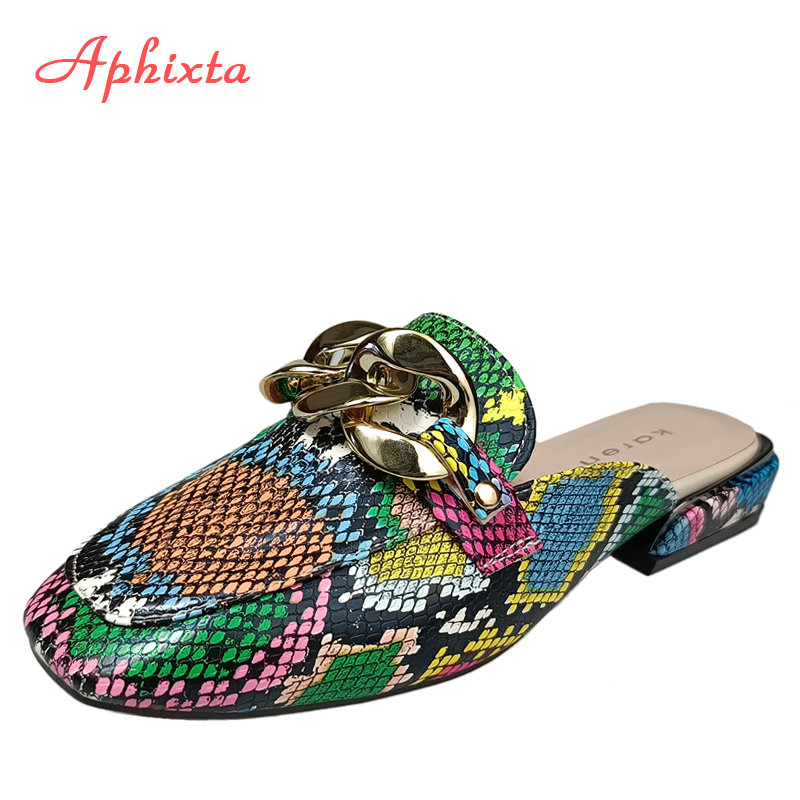 Gold Chain Sandal - Aphixta 여성용 스네이크 프린트 체인 슬라이드