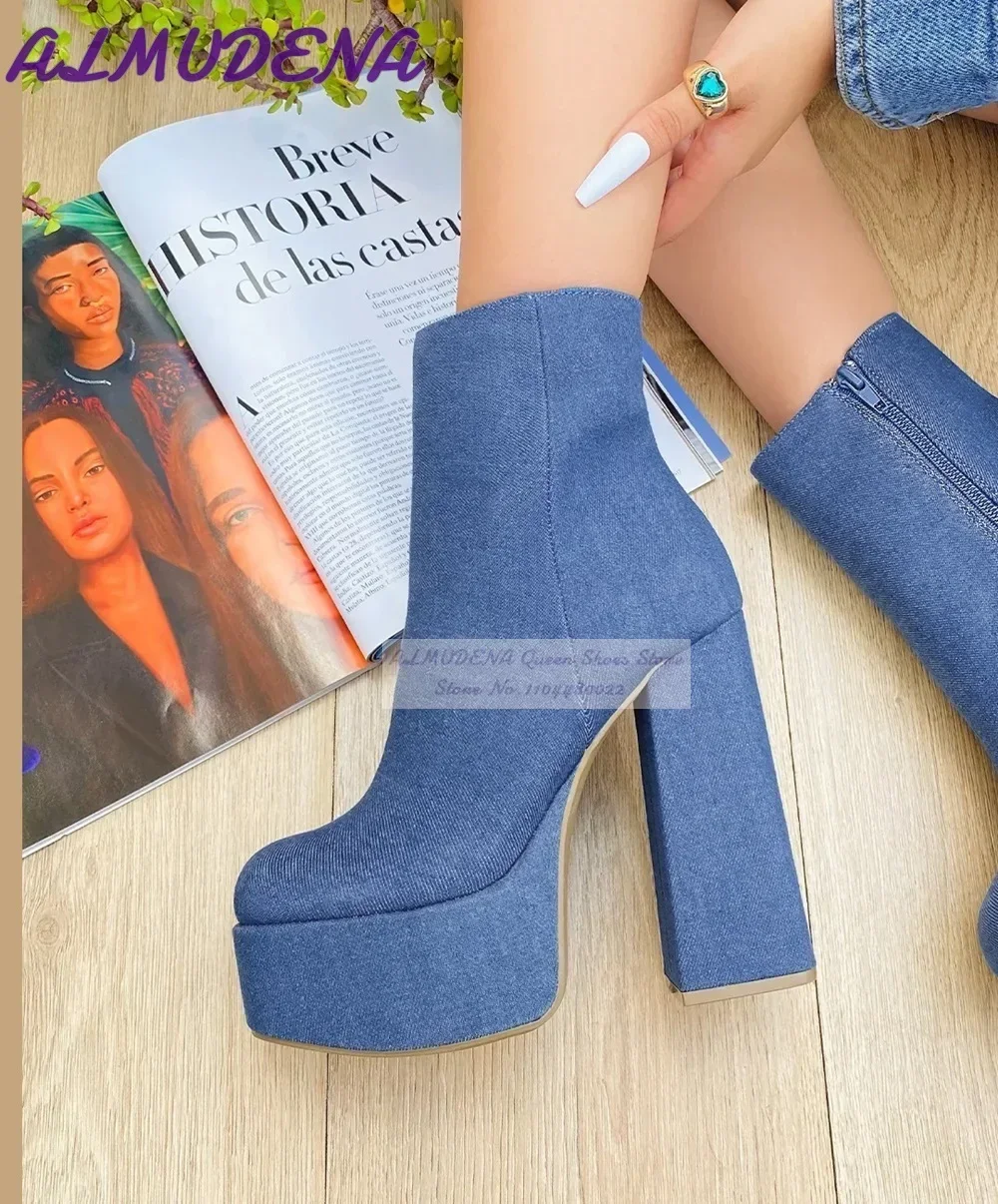 Women Shoes Jeans - ALMUDENA 블루 데님 블록 힐 발목