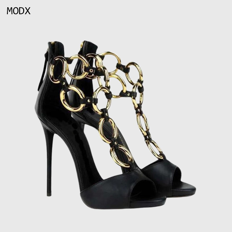 여성용 블랙 가죽 골드 체인 링크 피프토 스틸레토 힐  - Gold Chain Sandal 리뷰 및 가격