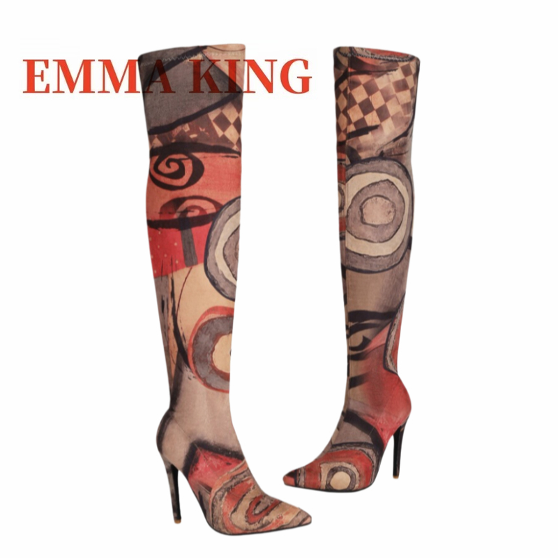 여성용 아트 프린트 허벅지까지 오는 부츠, 포인티드 토 - Sock Boot Women 리뷰 및 가격