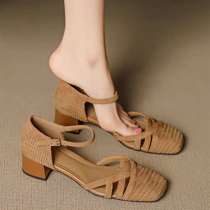 레트로 직조 하이힐 샌들 여성 2025 여름 스퀘어 토 - Women'S Shoes Veja 리뷰 및 가격