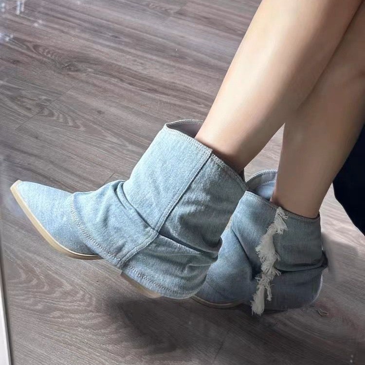 여성용 플리츠 데님 앵클 부츠, 포인티드 토, 두꺼운  - Women Shoes Jeans 리뷰 및 가격