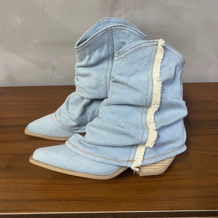 여성용 플리츠 데님 앵클 부츠, 포인티드 토, 두꺼운  - Women Shoes Jeans 리뷰 및 가격