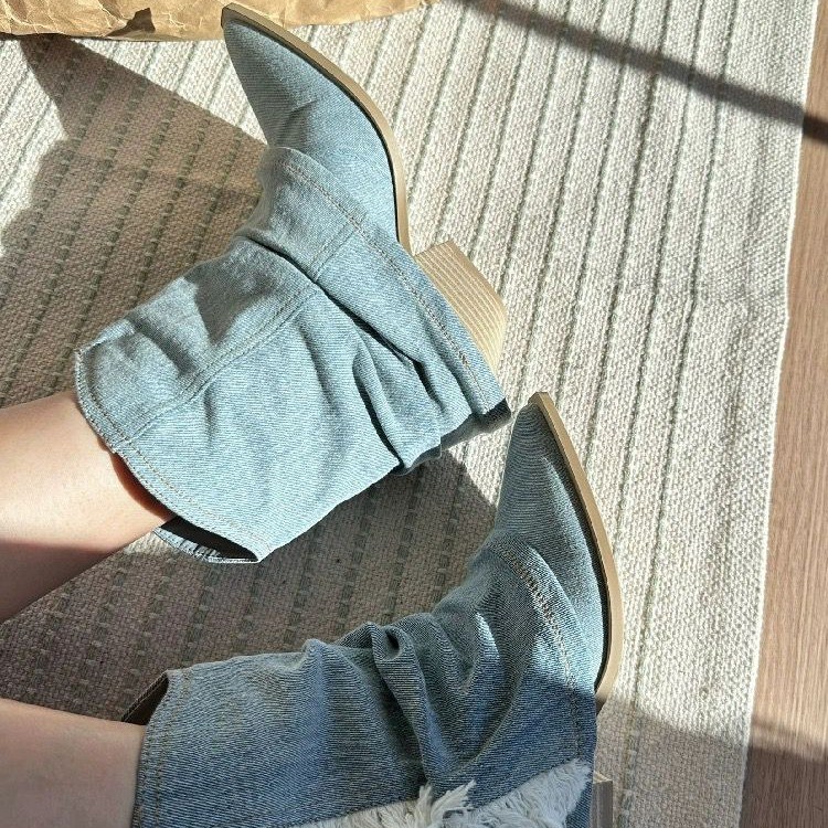여성용 플리츠 데님 앵클 부츠, 포인티드 토, 두꺼운  - Women Shoes Jeans 리뷰 및 가격