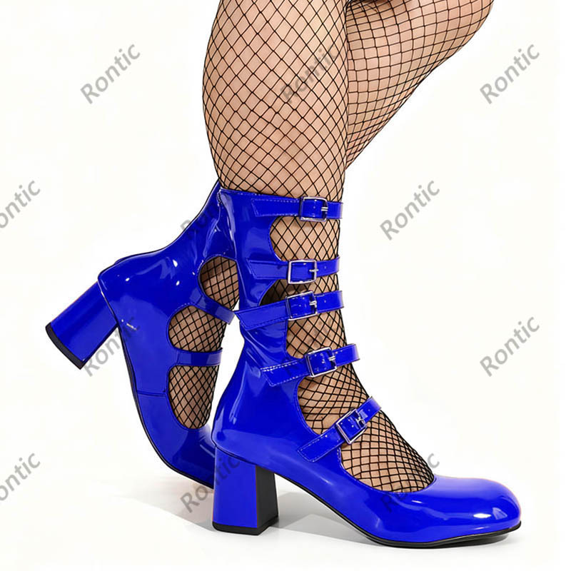 블루 에나멜 가죽 고딕 부츠 - 수제 버클 스트랩 앵클 - Women'S Shoes Navy Blue 리뷰 및 가격