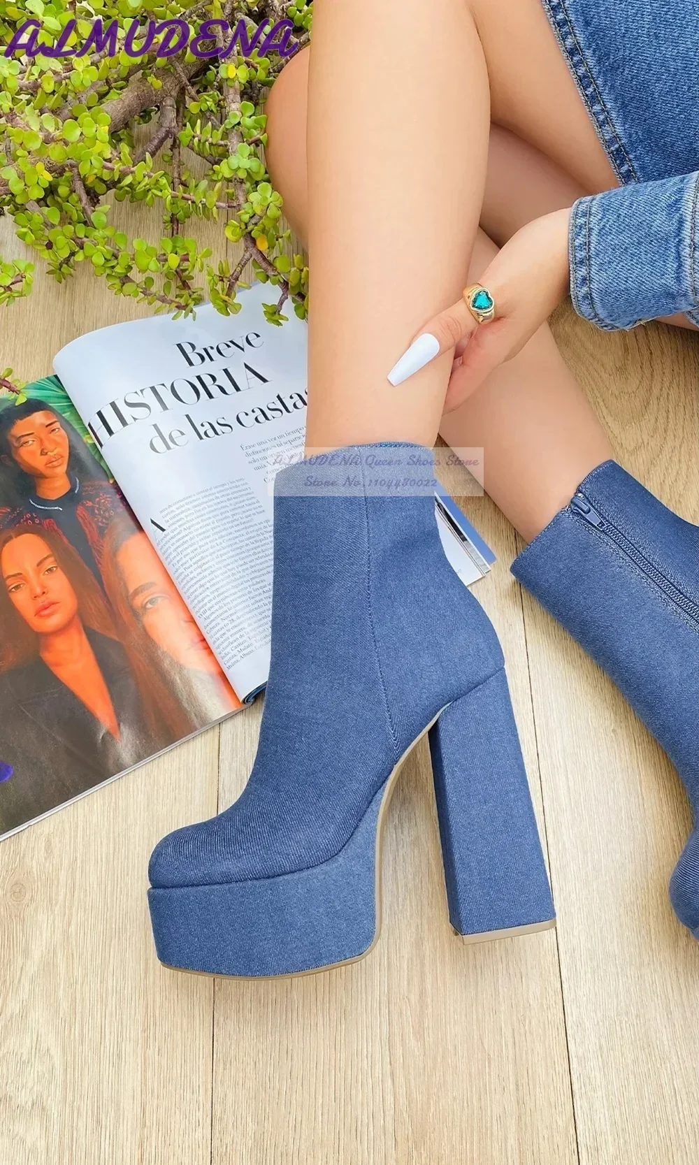 ALMUDENA 블루 데님 블록 힐 발목 부츠 하이 플 - Women Shoes Jeans 리뷰 및 가격